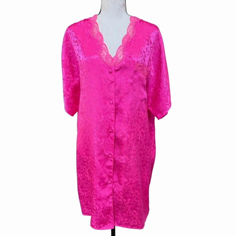 VTG 90s Erika Taylor Pink Floral Jacquard Housecoat Duster Robe M Full Button